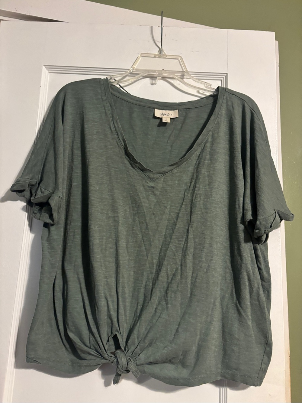 Style & Co. Sage Green V-Neck Short Sleeve Tie-Front Top